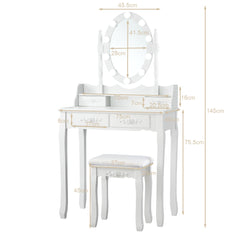 Set Mesa Tocador y Taburete Acolchado Mesa de Maquillaje con Espejo Ovalado Iluminado 10 Luces Led e Interruptor Táctil Blanco