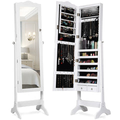 Armario Joyero con 14 Luces LED y 2 Cajones Regulable en 4 Ángulos Ideal para Dormitorio Blanco 41,5 x 37 x 160 cm