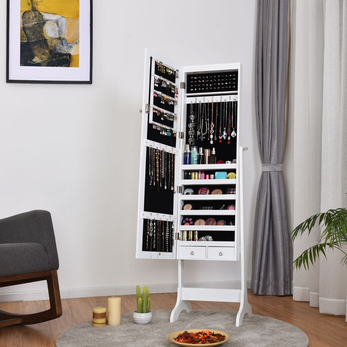 Armario Joyero con 14 Luces LED y 2 Cajones Regulable en 4 Ángulos Ideal para Dormitorio Blanco 41,5 x 37 x 160 cm