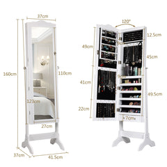 Armario Joyero con 14 Luces LED y 2 Cajones Regulable en 4 Ángulos Ideal para Dormitorio Blanco 41,5 x 37 x 160 cm