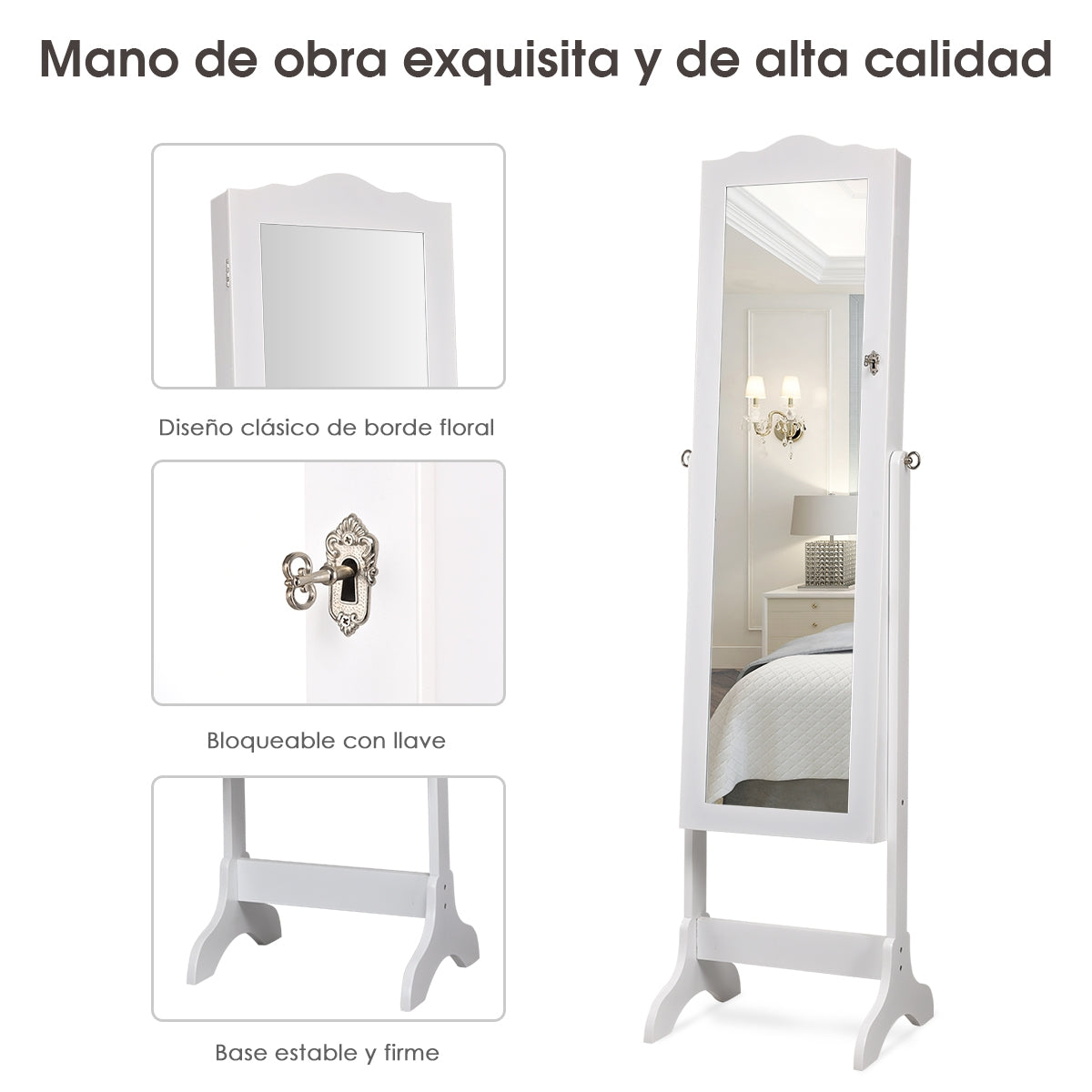 Armario Joyero con 14 Luces LED y 2 Cajones Regulable en 4 Ángulos Ideal para Dormitorio Blanco 41,5 x 37 x 160 cm