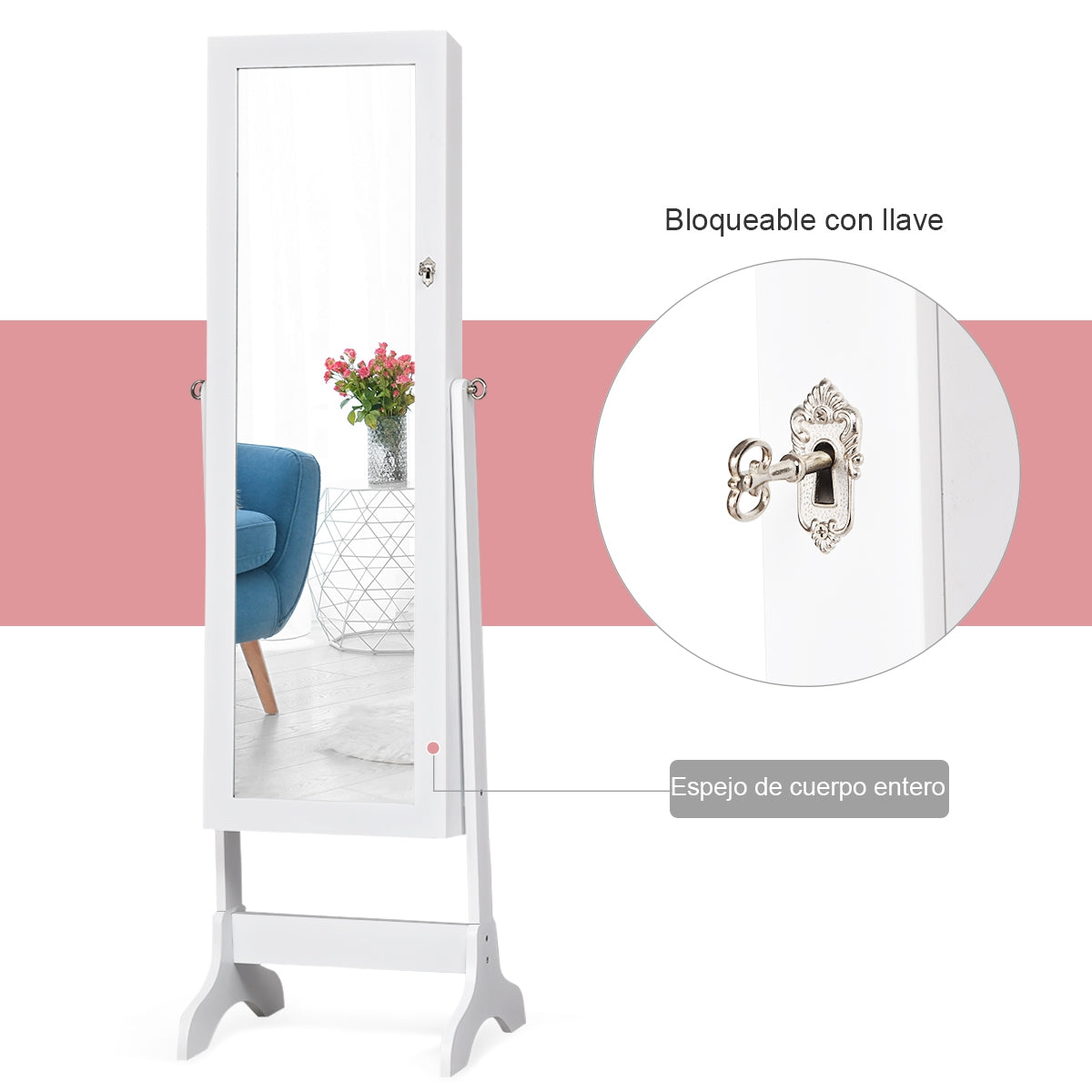 Armario para Joyas Espejo Joyero de Pie con Cerradura y Estante para Joyería Almacenamiento Blanco