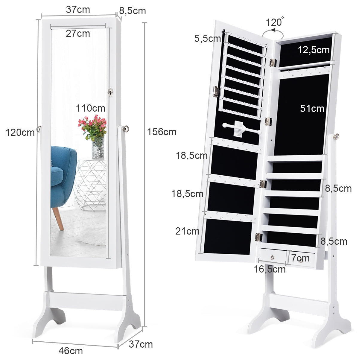Armario para Joyas Espejo Joyero de Pie con Cerradura y Estante para Joyería Almacenamiento Blanco