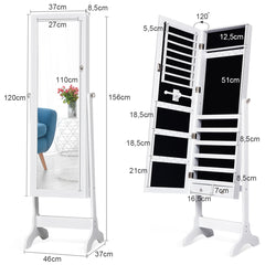 Armario para Joyas Espejo Joyero de Pie con Cerradura y Estante para Joyería Almacenamiento Blanco