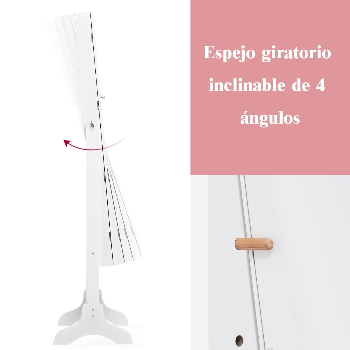 Armario para Joyas Espejo Joyero de Pie con Cerradura y Estante para Joyería Almacenamiento Blanco