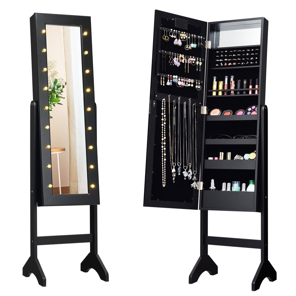 Armario Joyero con 18 Luces LED Ángulo Regulable Organizador para Todo Tipo de Joyas Negro 145 x 35 x 31,5 cm