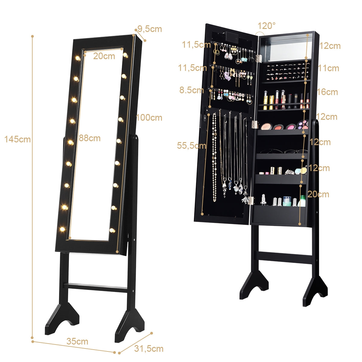 Armario Joyero con 18 Luces LED Ángulo Regulable Organizador para Todo Tipo de Joyas Negro 145 x 35 x 31,5 cm