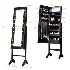 Armario Joyero con 18 Luces LED Ángulo Regulable Organizador para Todo Tipo de Joyas Negro 145 x 35 x 31,5 cm