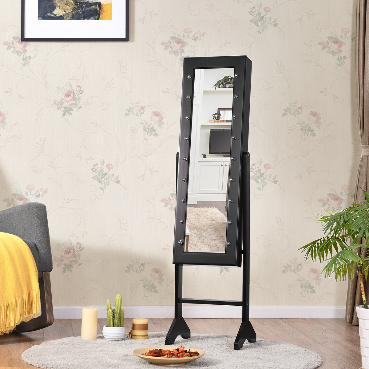 Armario Joyero con 18 Luces LED Ángulo Regulable Organizador para Todo Tipo de Joyas Negro 145 x 35 x 31,5 cm