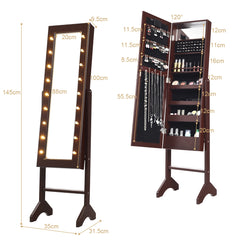 Armario Joyero Vertical con Espejo de Cuerpo Entero Organizador para Joyas con Luces Ángulo Regulable Marrón 145 x 35 x 31,5 cm