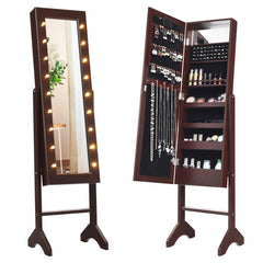 Armario Joyero Vertical con Espejo de Cuerpo Entero Organizador para Joyas con Luces Ángulo Regulable Marrón 145 x 35 x 31,5 cm