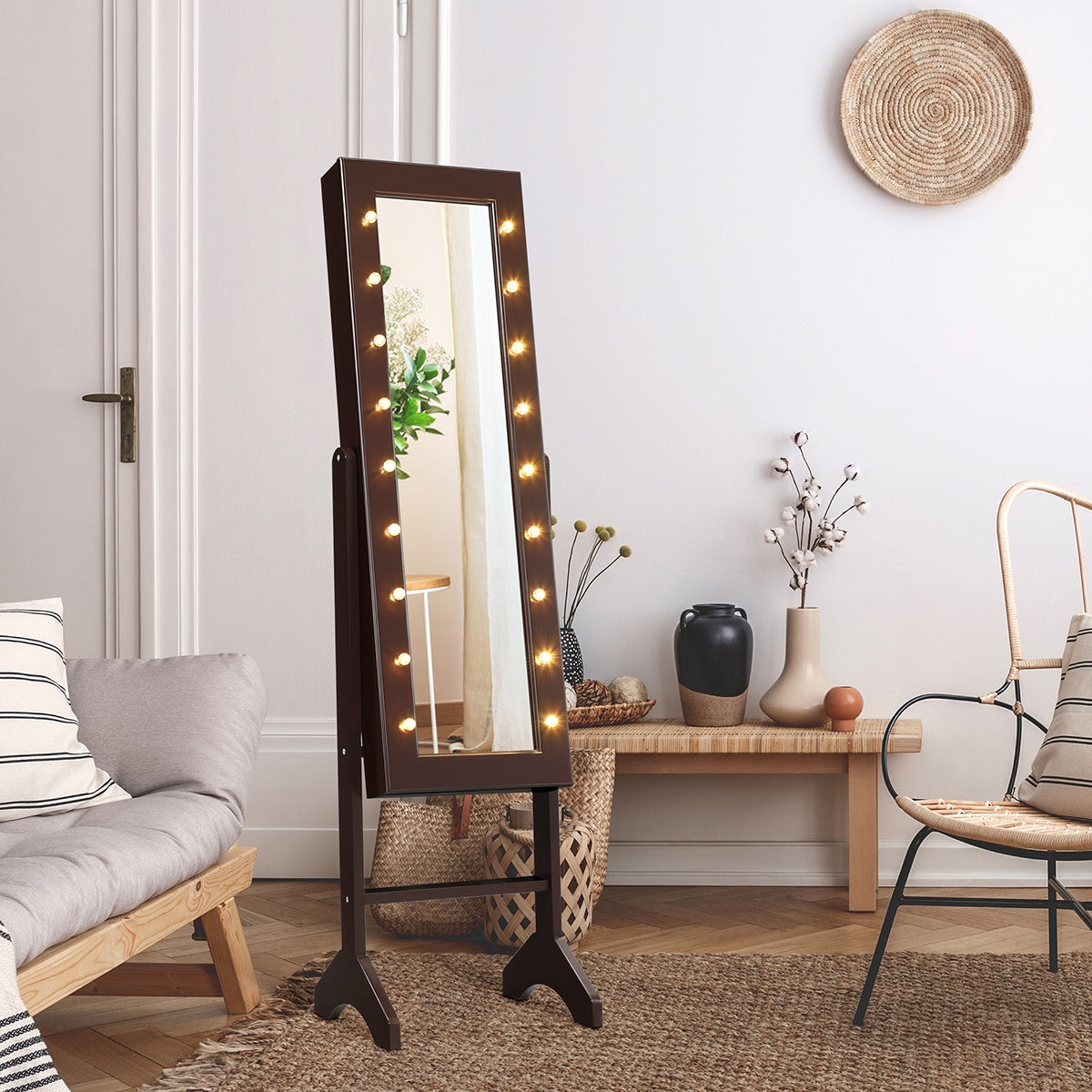 Armario Joyero Vertical con Espejo de Cuerpo Entero Organizador para Joyas con Luces Ángulo Regulable Marrón 145 x 35 x 31,5 cm