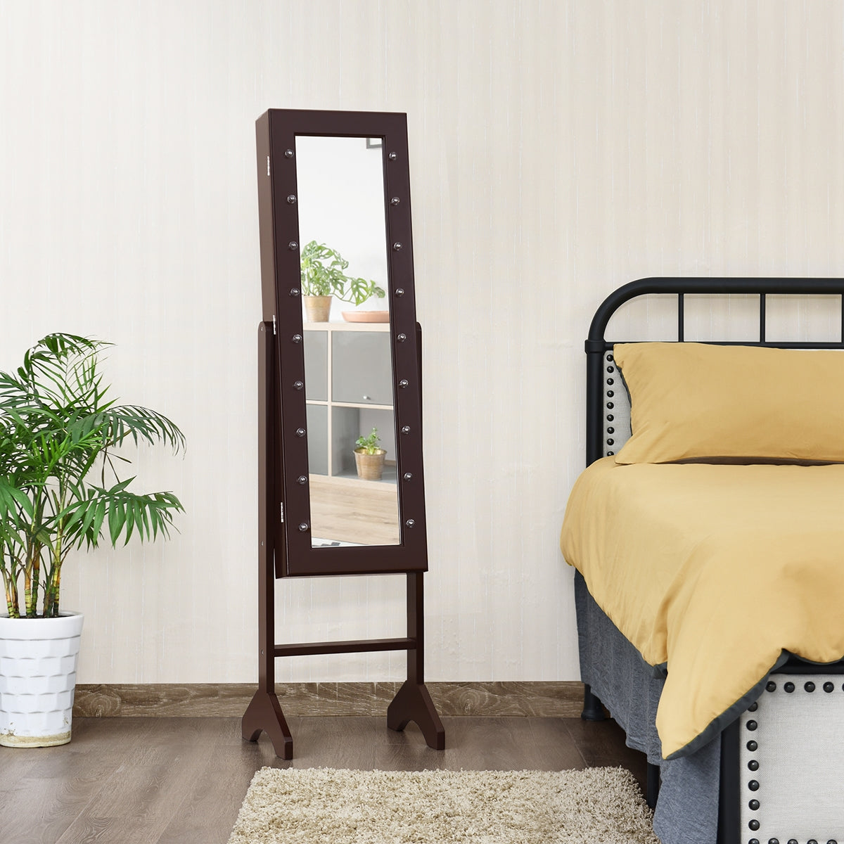 Armario Joyero Vertical con Espejo de Cuerpo Entero Organizador para Joyas con Luces Ángulo Regulable Marrón 145 x 35 x 31,5 cm