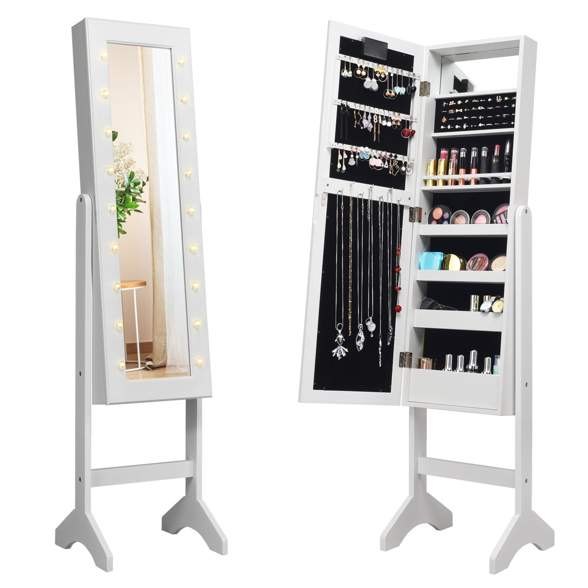 Armario Joyero con 18 Luces LED Ángulo Regulable Organizador para Todo Tipo de Joyas Blanco 145 x 35 x 31,5 cm