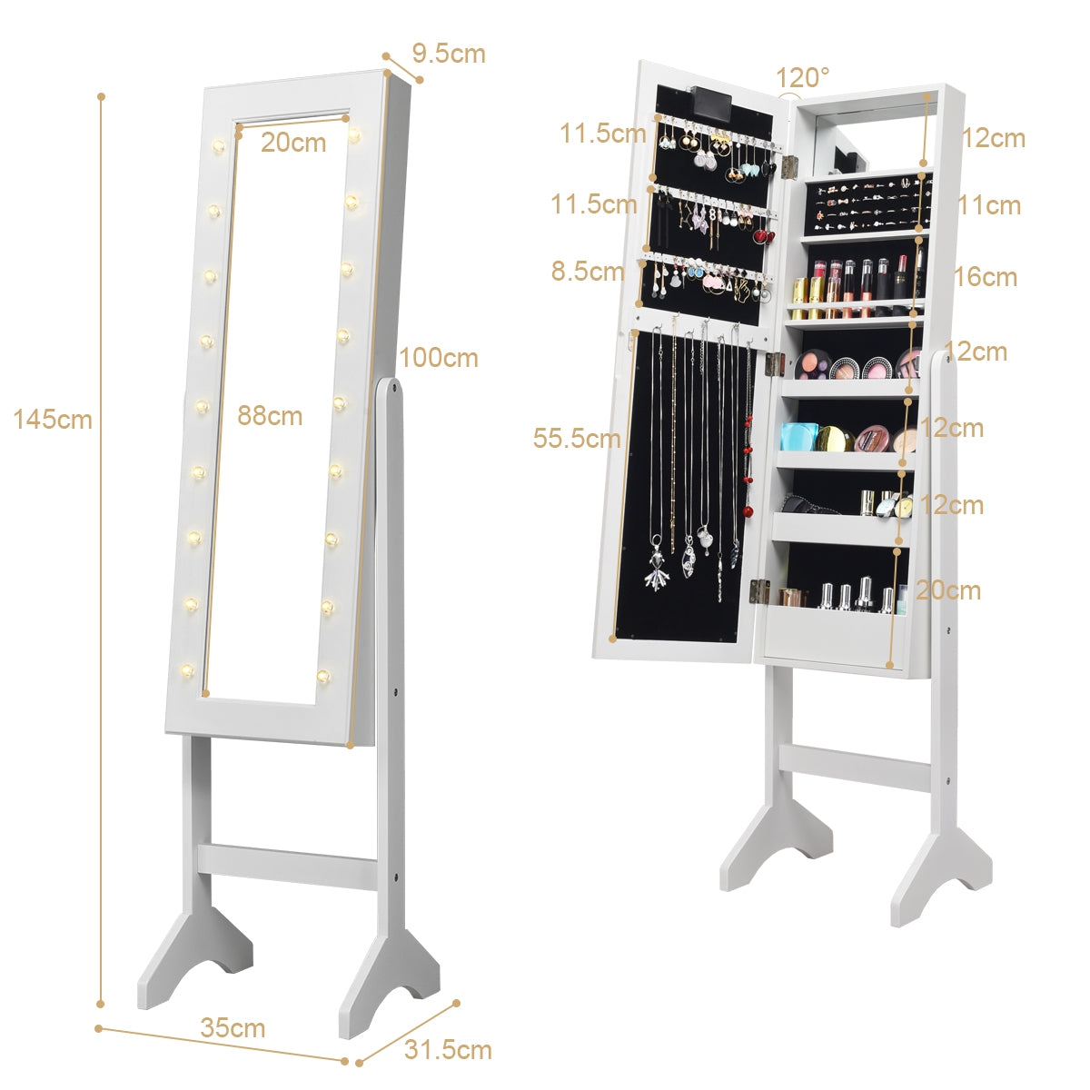 Armario Joyero con 18 Luces LED Ángulo Regulable Organizador para Todo Tipo de Joyas Blanco 145 x 35 x 31,5 cm