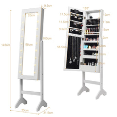 Armario Joyero con 18 Luces LED Ángulo Regulable Organizador para Todo Tipo de Joyas Blanco 145 x 35 x 31,5 cm