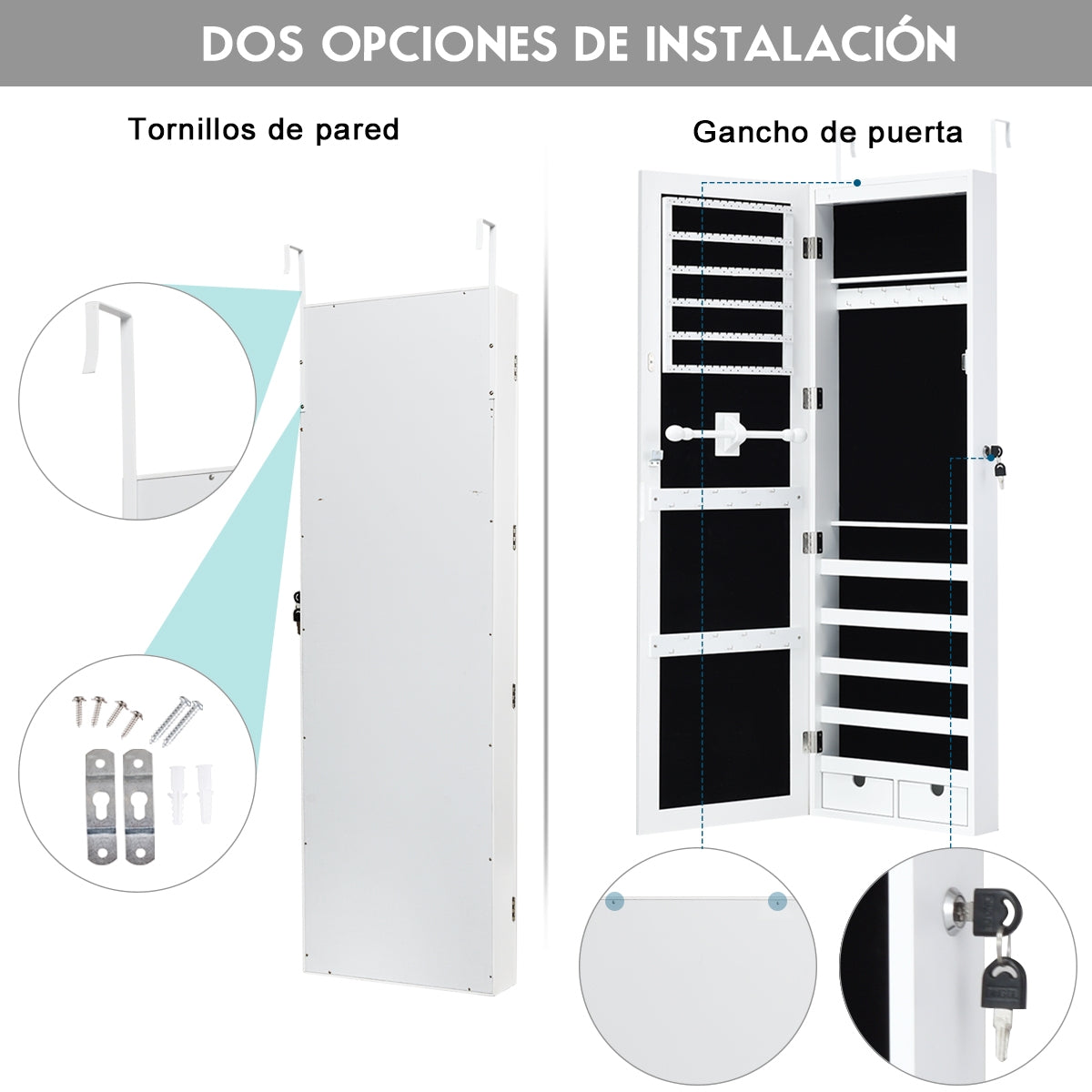 Armario Joyero para Cerrar con Llave y Luz LED Organizador Joyas y Maquillajes con Espejo de Cuerpo Entero Blanco 37 x 9,6 x 120 cm