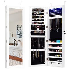 Armario Joyero para Cerrar con Llave y Luz LED Organizador Joyas y Maquillajes con Espejo de Cuerpo Entero Blanco 37 x 9,6 x 120 cm