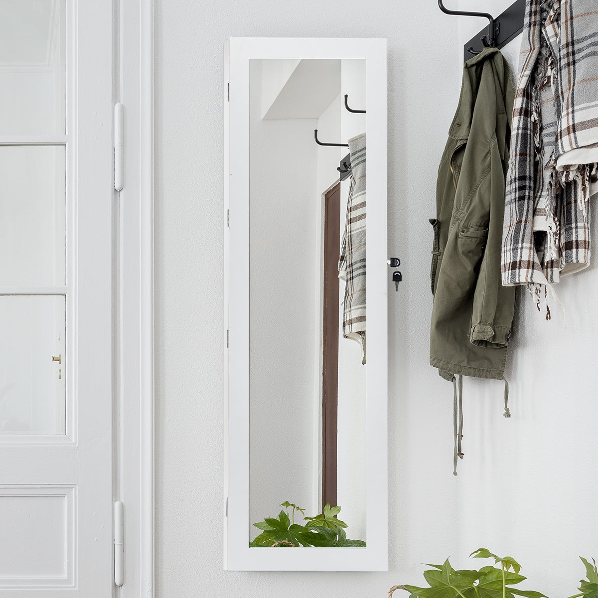 Armario Joyero para Cerrar con Llave y Luz LED Organizador Joyas y Maquillajes con Espejo de Cuerpo Entero Blanco 37 x 9,6 x 120 cm