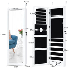 Armario Joyero para Cerrar con Llave y Luz LED Organizador Joyas y Maquillajes con Espejo de Cuerpo Entero Blanco 37 x 9,6 x 120 cm