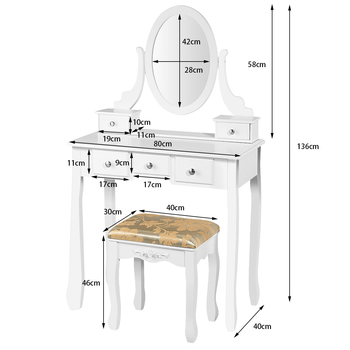Set Tocador con Espejo Ovalado Giratorio a 360° Mesa de Madera para Maquillarse con Taburete Acolchado Blanco