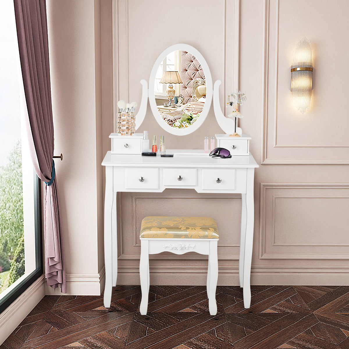 Set Tocador con Espejo Ovalado Giratorio a 360° Mesa de Madera para Maquillarse con Taburete Acolchado Blanco