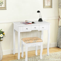Set Tocador con Espejo Ovalado Giratorio a 360° Mesa de Madera para Maquillarse con Taburete Acolchado Blanco
