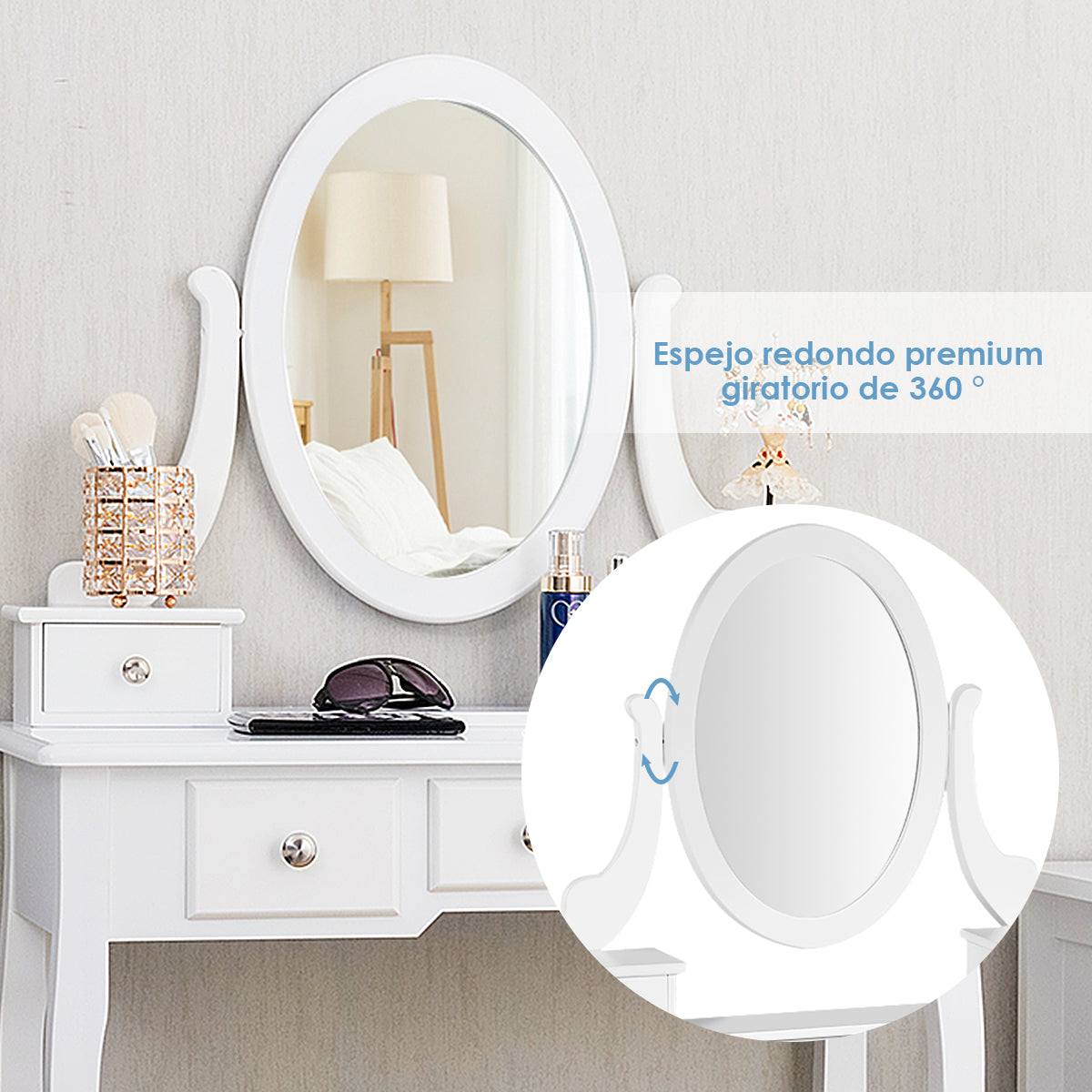 Set Tocador con Espejo Ovalado Giratorio a 360° Mesa de Madera para Maquillarse con Taburete Acolchado Blanco