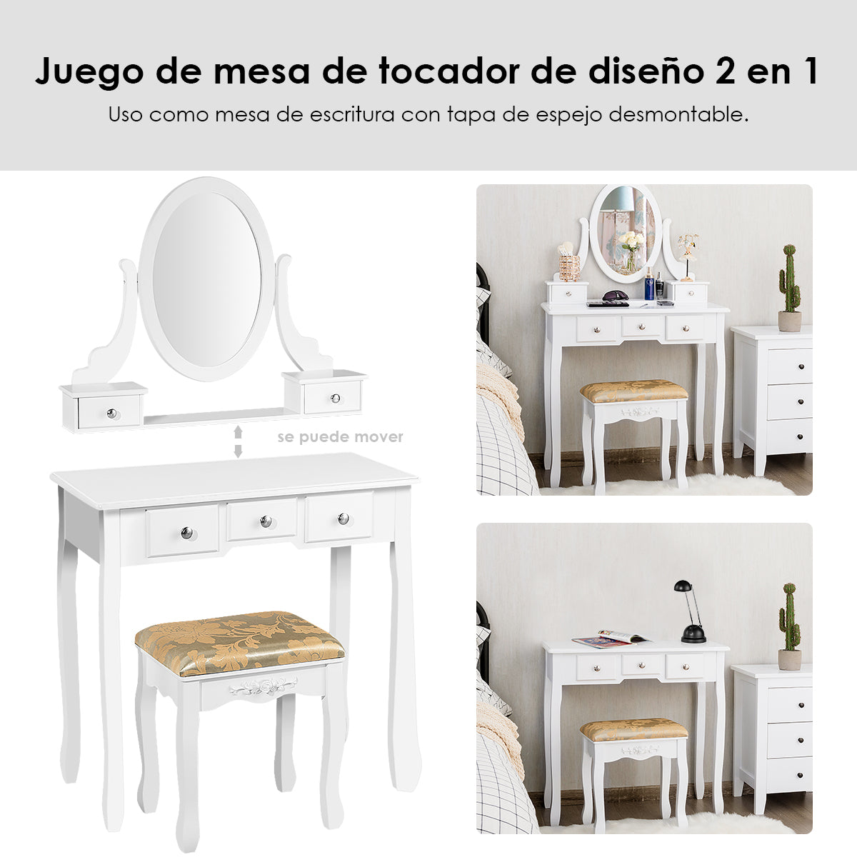 Set Tocador con Espejo Ovalado Giratorio a 360° Mesa de Madera para Maquillarse con Taburete Acolchado Blanco