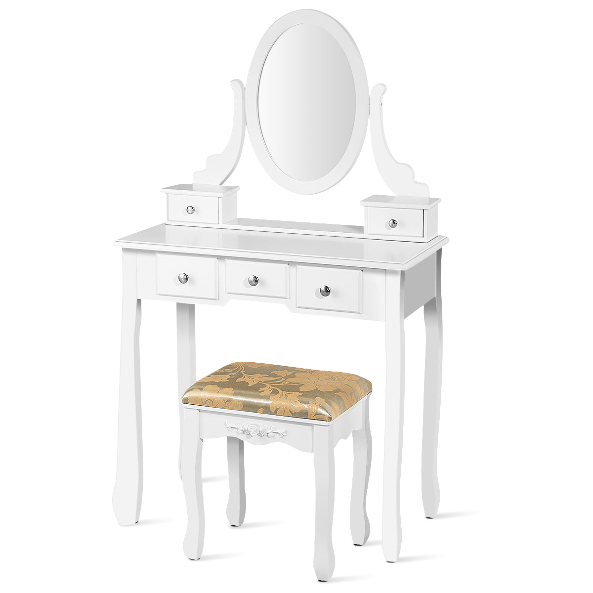 Set Tocador con Espejo Ovalado Giratorio a 360° Mesa de Madera para Maquillarse con Taburete Acolchado Blanco