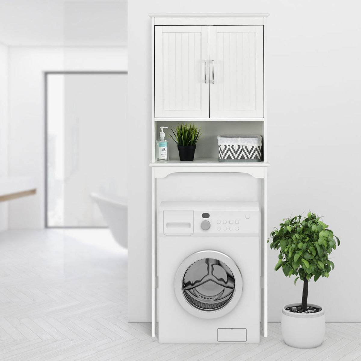Armario Arriba del Inodoro Organizador con Doble Puertas 3 Repisas Regulables Estante para Baño Lavanderia Blanco 63 x 23 x 168 cm