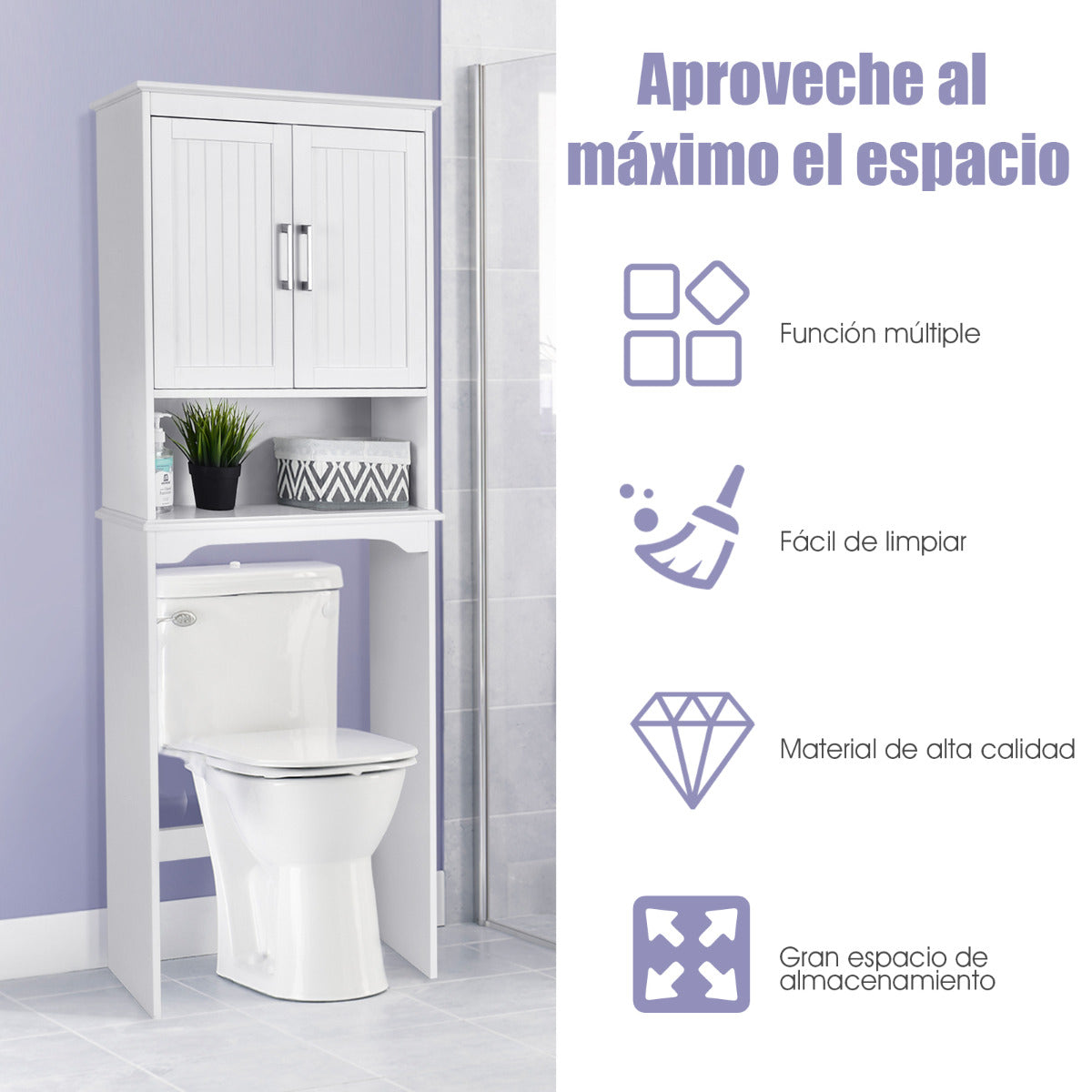 Armario Arriba del Inodoro Organizador con Doble Puertas 3 Repisas Regulables Estante para Baño Lavanderia Blanco 63 x 23 x 168 cm