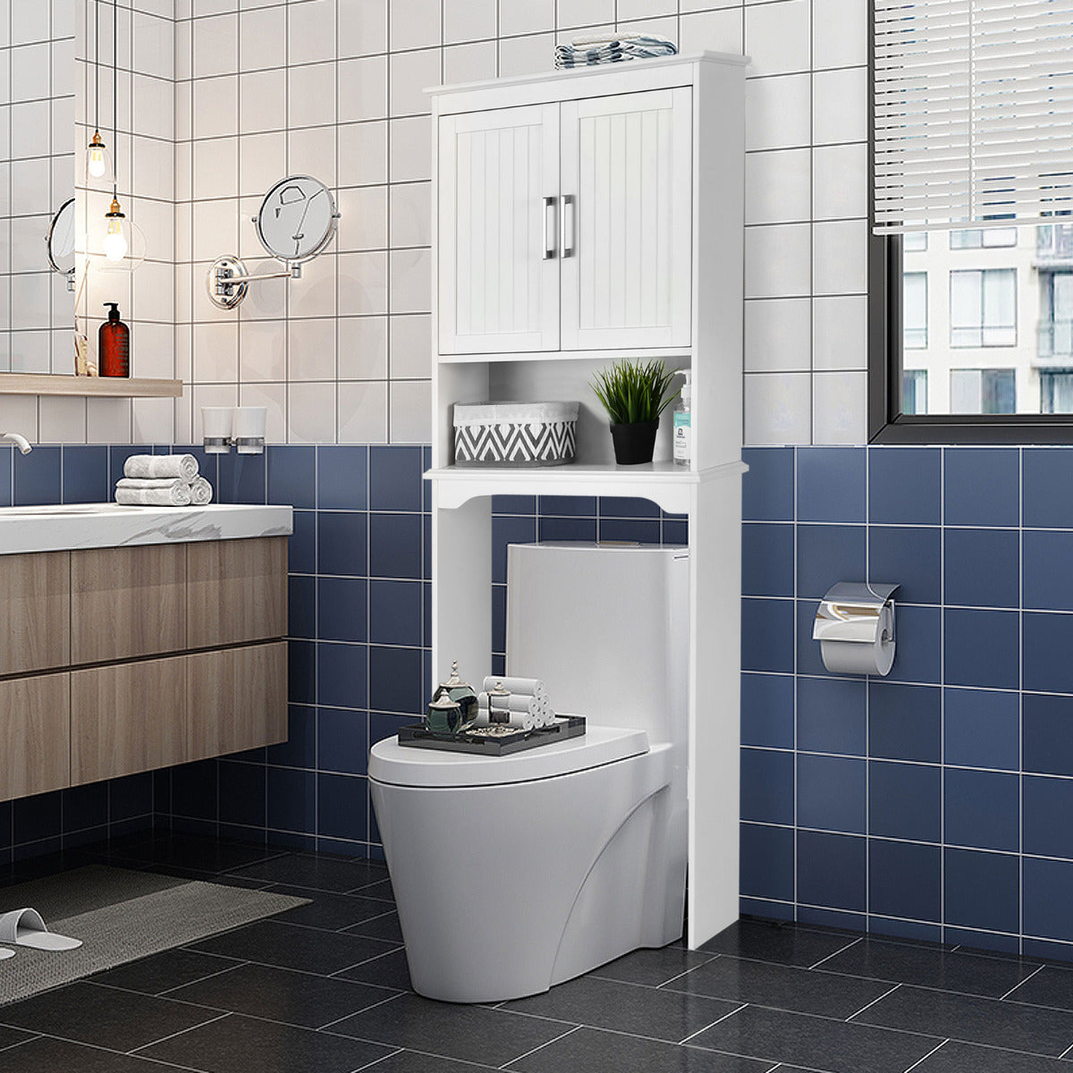 Armario Arriba del Inodoro Organizador con Doble Puertas 3 Repisas Regulables Estante para Baño Lavanderia Blanco 63 x 23 x 168 cm