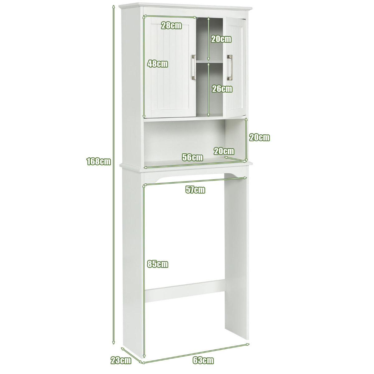 Armario Arriba del Inodoro Organizador con Doble Puertas 3 Repisas Regulables Estante para Baño Lavanderia Blanco 63 x 23 x 168 cm