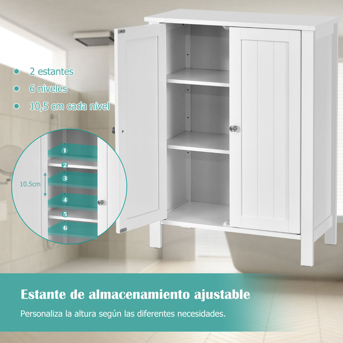 Armario del Baño Organizador Vertical con Doble Puerta y Repisa Regulable Mueble Moderno para Casa 60 x 30 x 80,5 cm Blanco