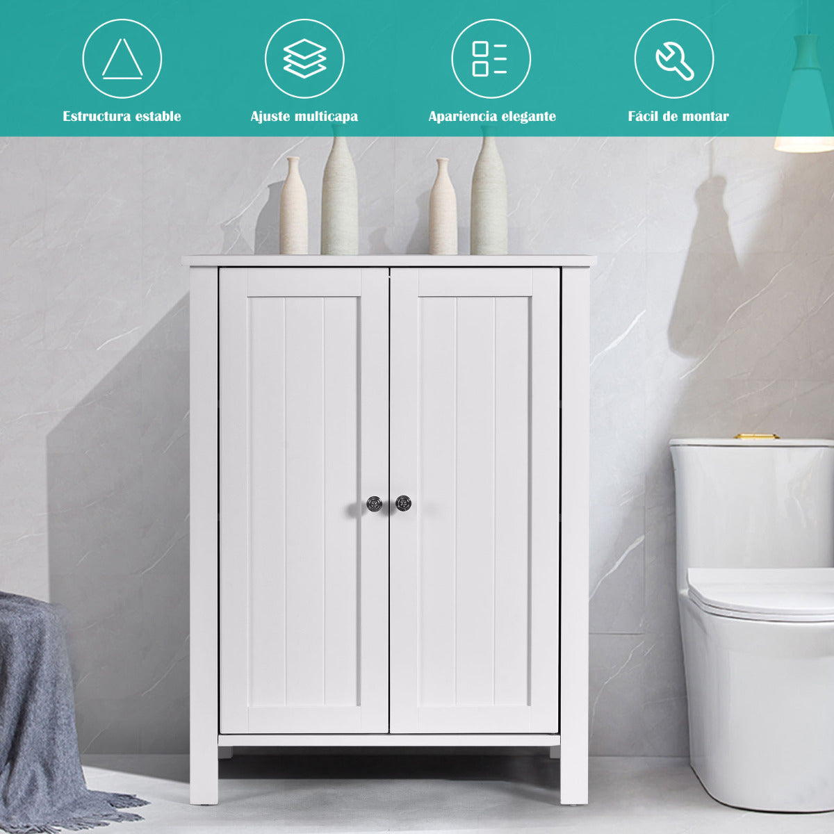 Armario del Baño Organizador Vertical con Doble Puerta y Repisa Regulable Mueble Moderno para Casa 60 x 30 x 80,5 cm Blanco
