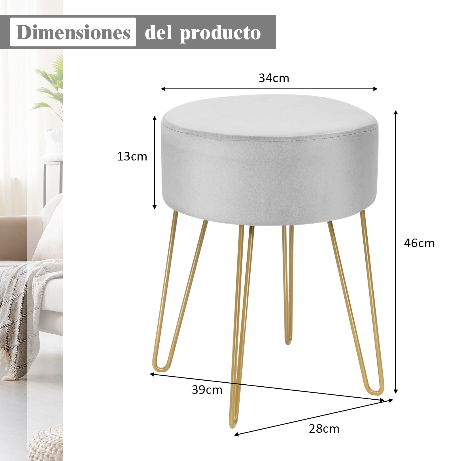 Taburete Redondo de Terciopelo Reposapiés Moderno con Patas de Metal para Tocador Salón y Dormitorio Gris 39 x 39 x 46 cm