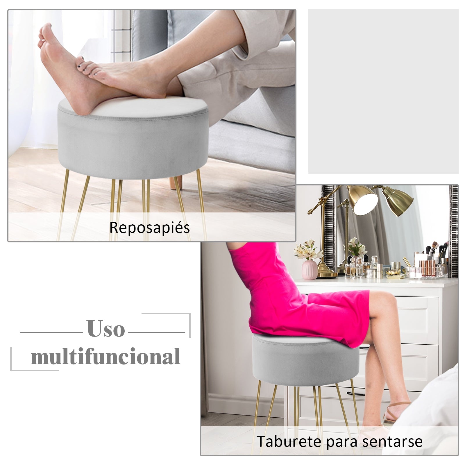 Taburete Redondo de Terciopelo Reposapiés Moderno con Patas de Metal para Tocador Salón y Dormitorio Gris 39 x 39 x 46 cm