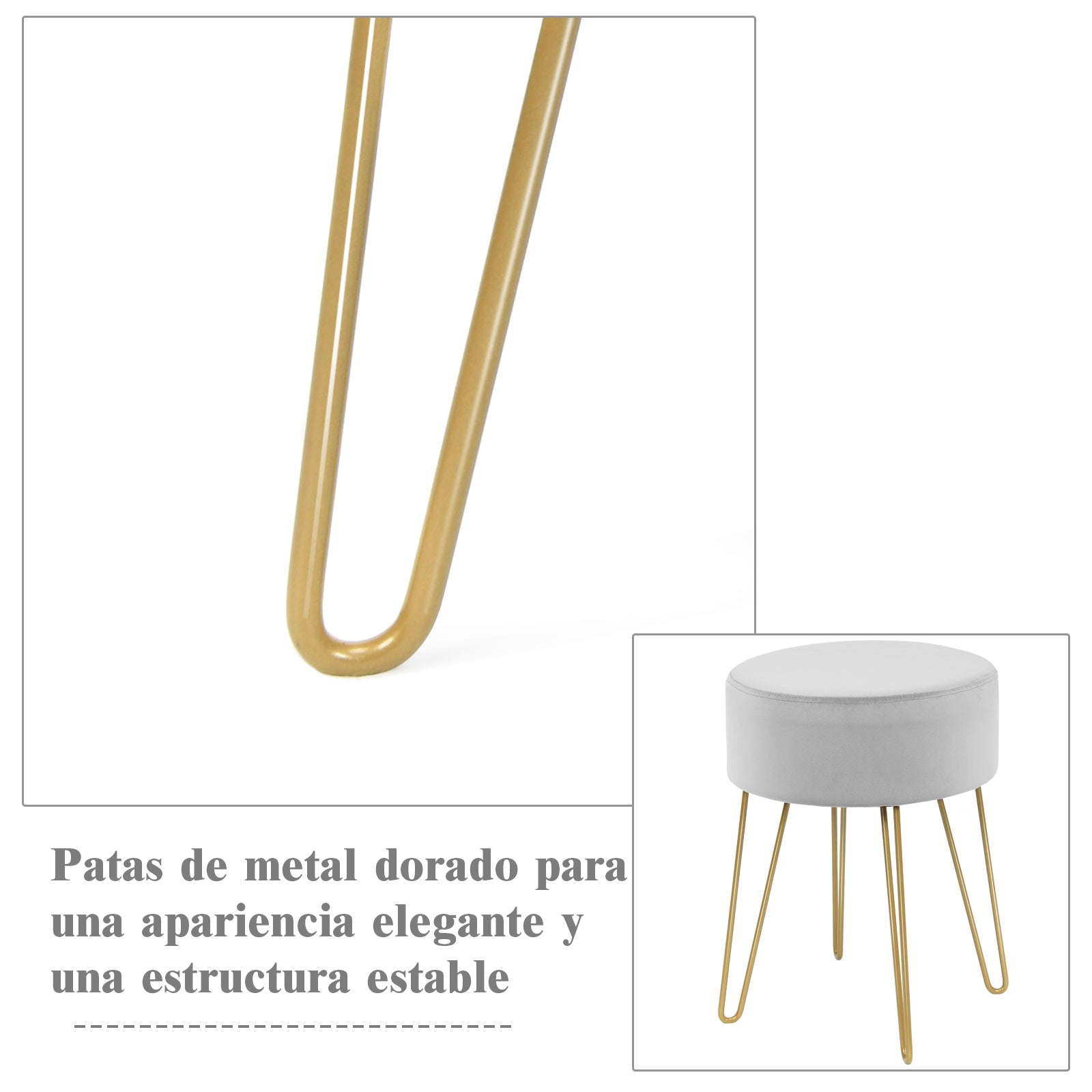 Taburete Redondo de Terciopelo Reposapiés Moderno con Patas de Metal para Tocador Salón y Dormitorio Gris 39 x 39 x 46 cm