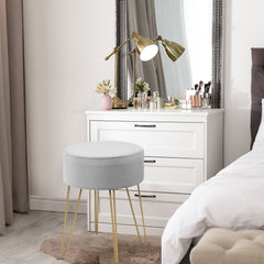 Taburete Redondo de Terciopelo Reposapiés Moderno con Patas de Metal para Tocador Salón y Dormitorio Gris 39 x 39 x 46 cm