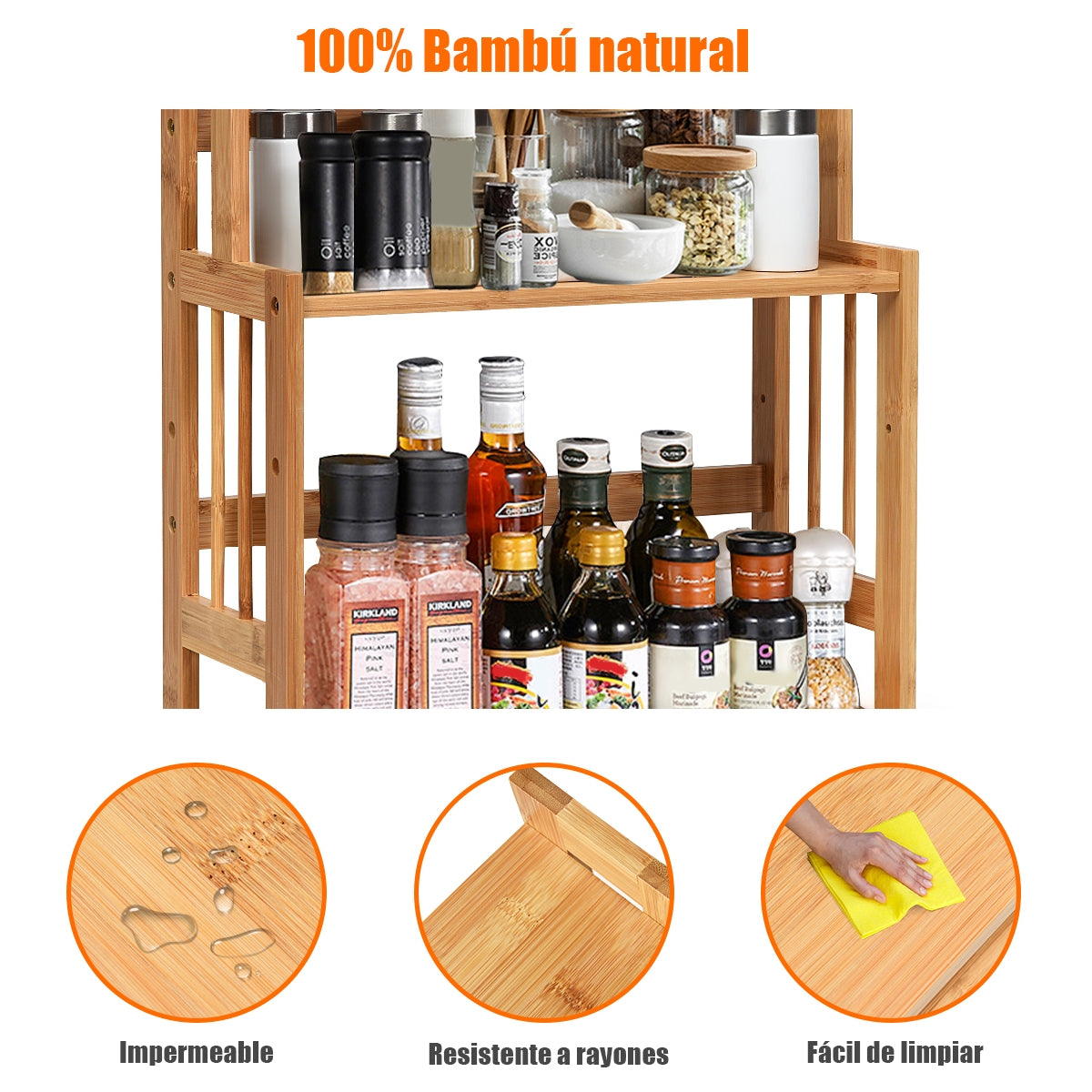Especiero en Bambú con 3 Niveles Repisas Abiertas y Superficie Impermeable para Cocina Baño y Dormitorio 41,5 x 18 x 50 cm