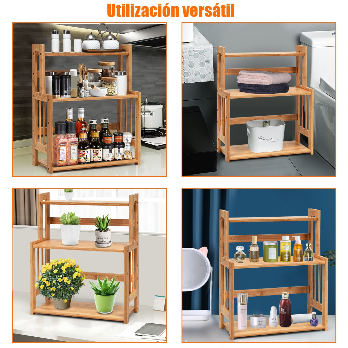 Especiero en Bambú con 3 Niveles Repisas Abiertas y Superficie Impermeable para Cocina Baño y Dormitorio 41,5 x 18 x 50 cm