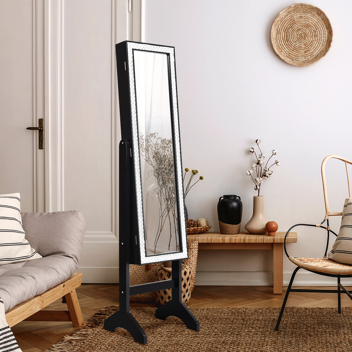 Armario para Joyas con Espejo de Cuerpo Entero con Ángulo Regulable Diamantes de Resina Organizador para Joyas 153 x 35,5 x 31,5 cm Negro