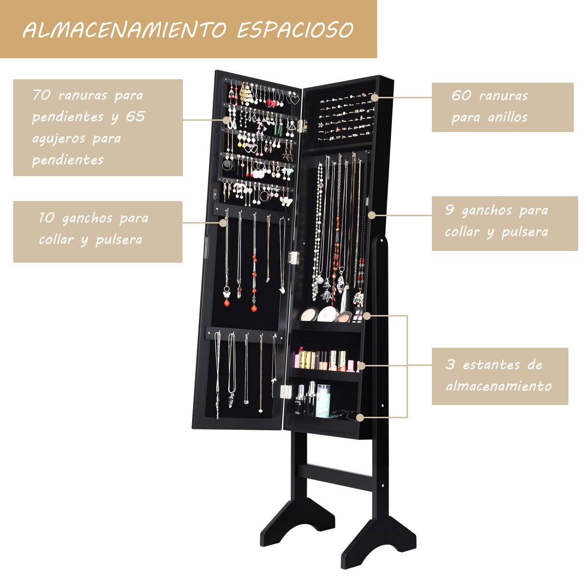 Armario para Joyas con Espejo de Cuerpo Entero con Ángulo Regulable Diamantes de Resina Organizador para Joyas 153 x 35,5 x 31,5 cm Negro