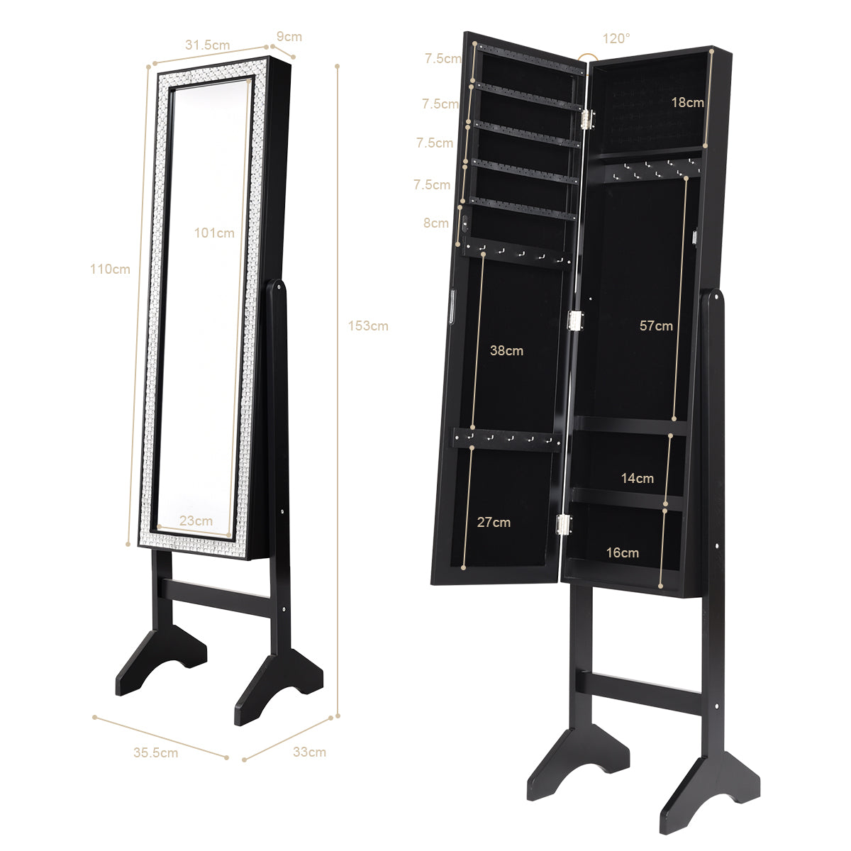 Armario para Joyas con Espejo de Cuerpo Entero con Ángulo Regulable Diamantes de Resina Organizador para Joyas 153 x 35,5 x 31,5 cm Negro