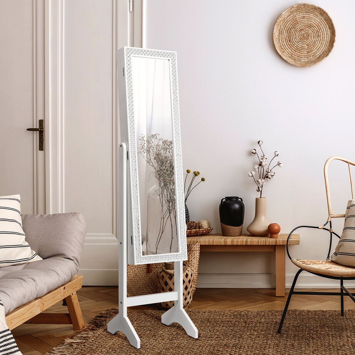 Armario para Joyas con Espejo de Cuerpo Entero con Ángulo Regulable Diamantes de Resina Organizador para Joyas 153 x 35,5 x 31,5 cm Blanco
