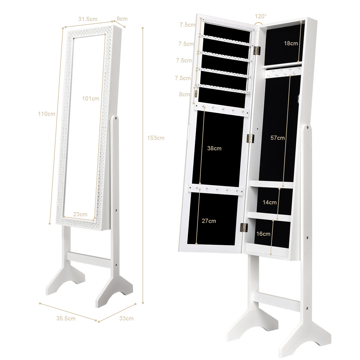 Armario para Joyas con Espejo de Cuerpo Entero con Ángulo Regulable Diamantes de Resina Organizador para Joyas 153 x 35,5 x 31,5 cm Blanco