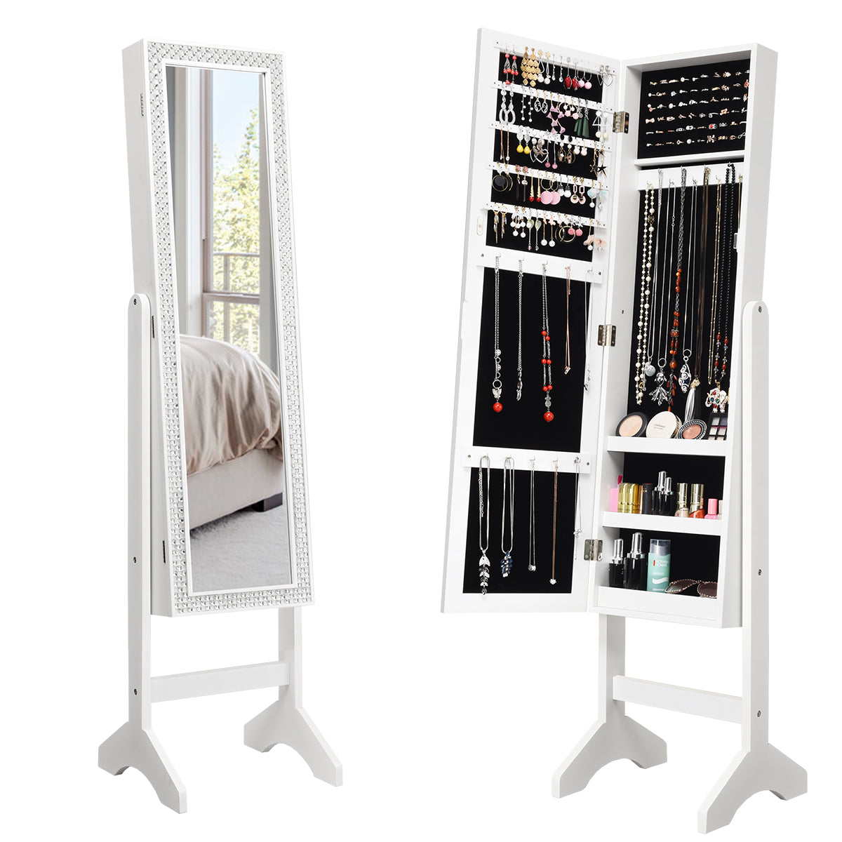 Armario para Joyas con Espejo de Cuerpo Entero con Ángulo Regulable Diamantes de Resina Organizador para Joyas 153 x 35,5 x 31,5 cm Blanco