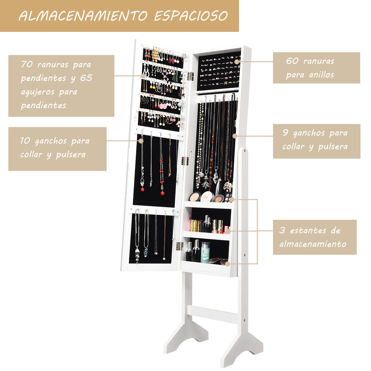 Armario para Joyas con Espejo de Cuerpo Entero con Ángulo Regulable Diamantes de Resina Organizador para Joyas 153 x 35,5 x 31,5 cm Blanco