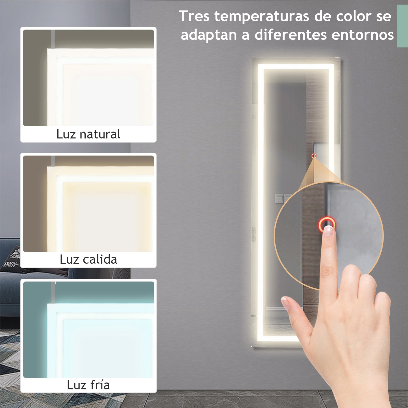 Espejo de Cuerpo Entero para Puerta con Luces LED Coloreadas y Regulables Montada a la Pared o a la Puerta Blanco 37 x 2 x 120 cm